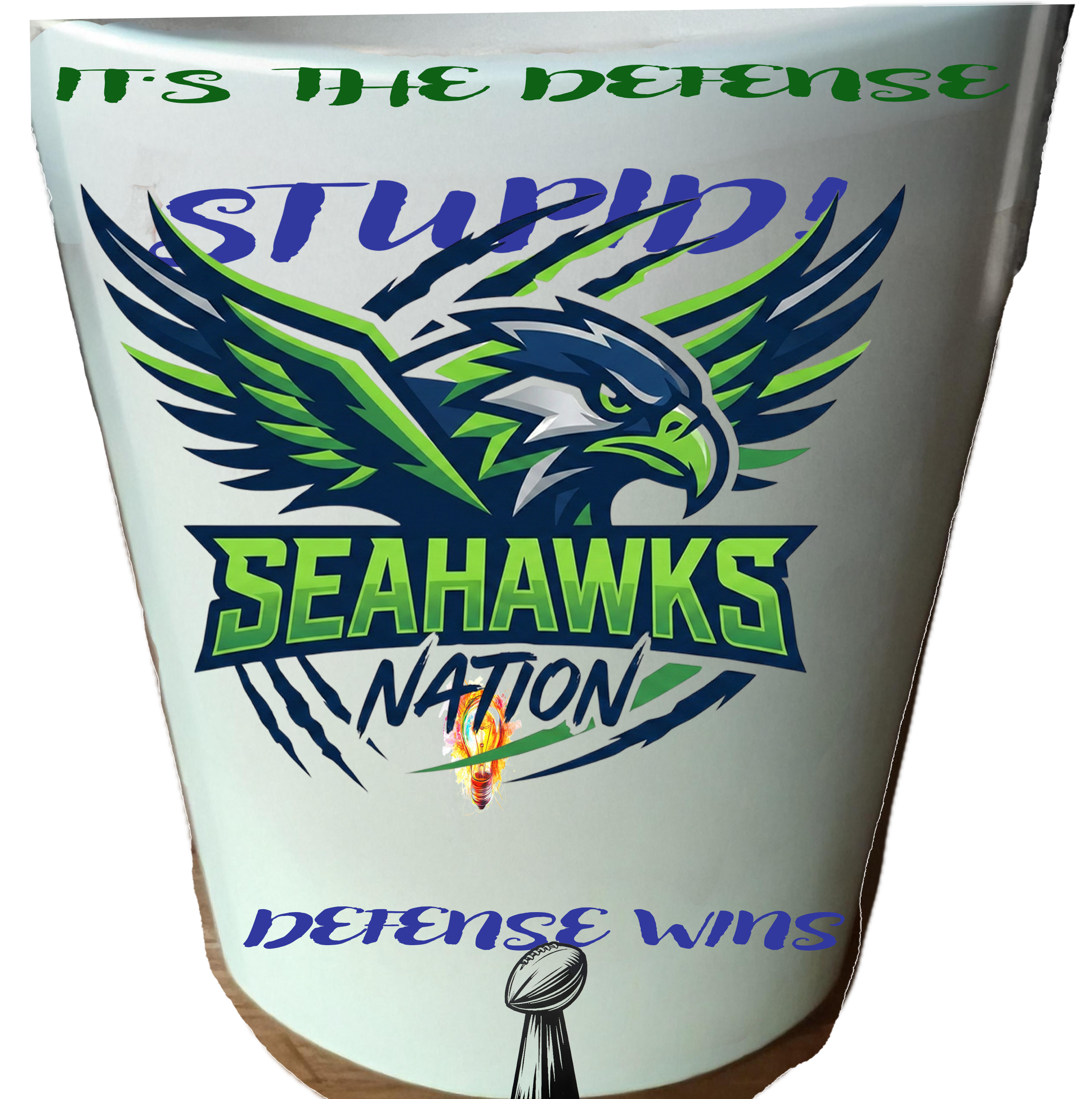 It's the defense stupid 2 football coffee cup Seahawks