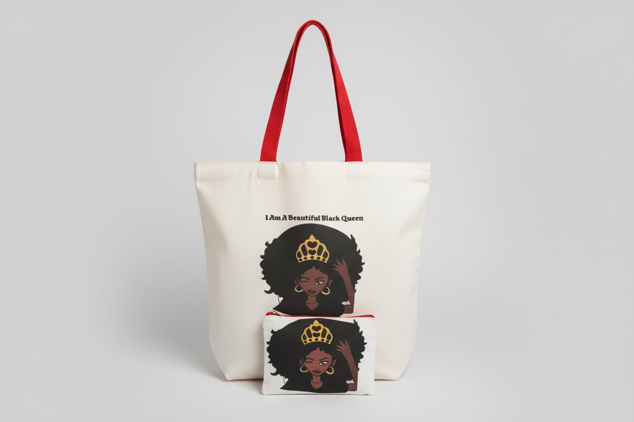White and red strap Beautiful Black Queen Tote bag and makeup pouch